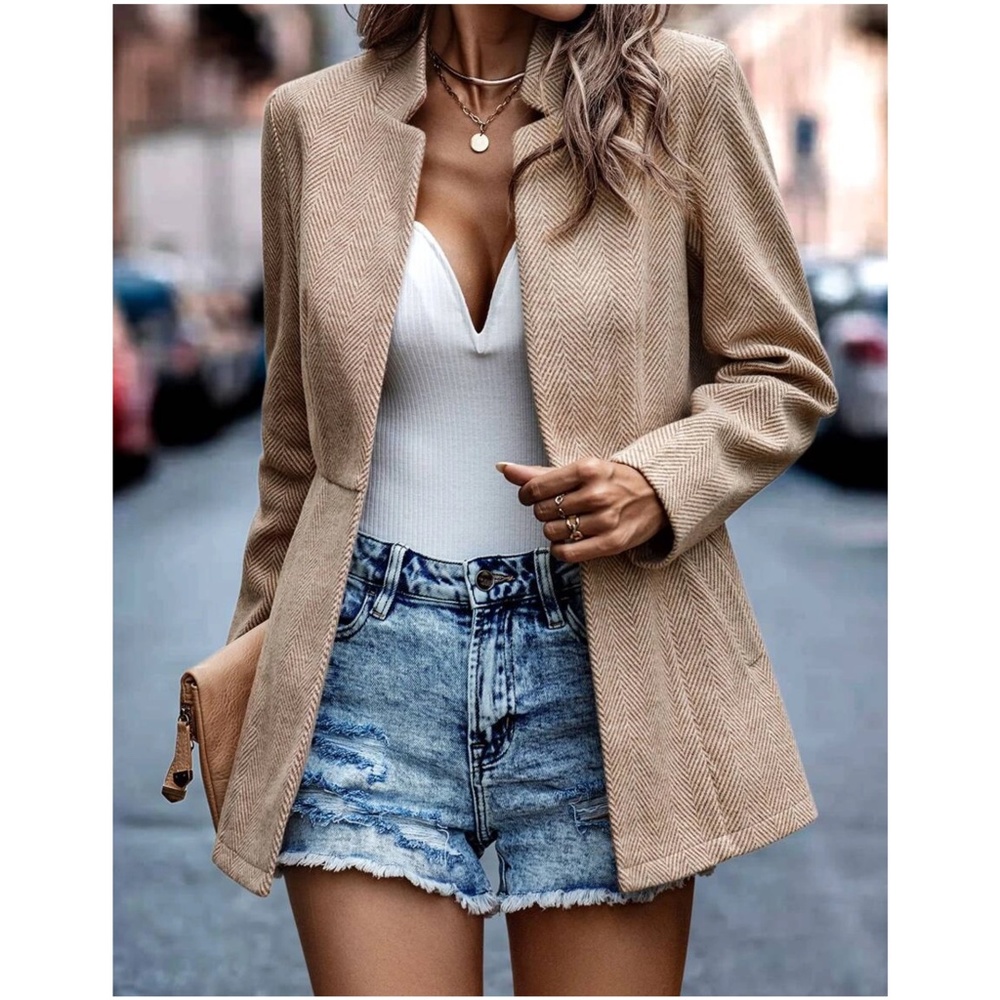 Classic Khaki Herringbone Blazer Jacket Coat - Picture 1 of 9